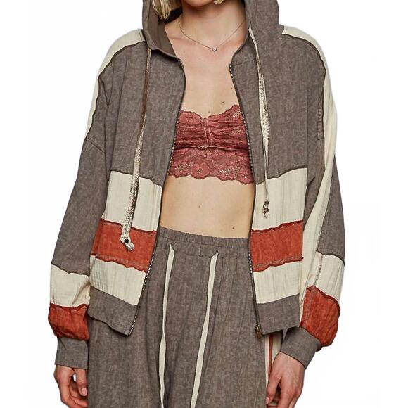 POL Tops - NEW POL vintage washing double gauze patch solid hooded zip up top in charcoal